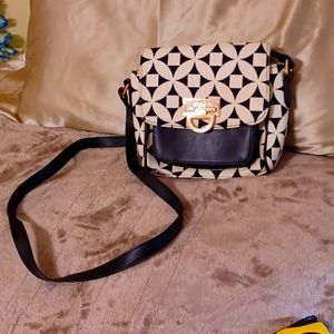 Spartina black and white small crossbody. Genuine leather with fabric. Linen lin